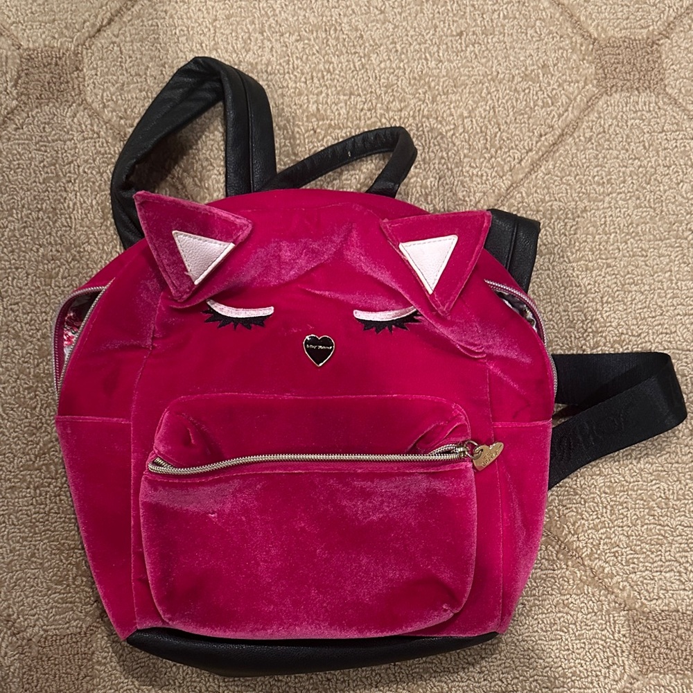 Betsey Johnson Pink Velvet Cat Backpack